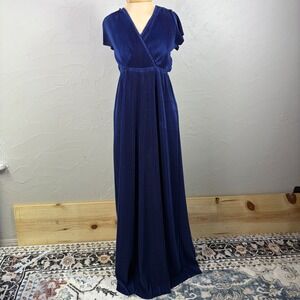 Baltic Born Wrap Maxi Dress Small Empire Waist Pleated Flutter Sleeve Navy Blue